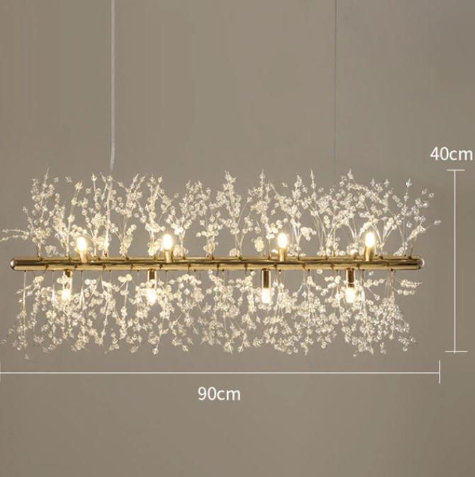 lustre dourado galho de arvore de cristal e luz de led retangular comprida 90cm luminarias Miresa Lustres e arandelas em promocao e barato
