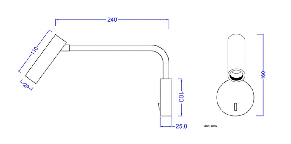 Medidas com arandela com haste com led para leitura 3w Miresa