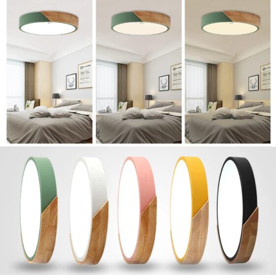 luminaria sobrepor plafon redondo de led minimalista e detalhe em madeira micaza luminarias Miresa Lustres e arandelas em promocao e barato
