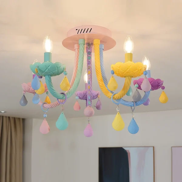 Lustre de cristal colorido para o quarto das crian as macaron moderno vela do arco ris 1 luminarias Miresa Lustres e arandelas em promocao e barato