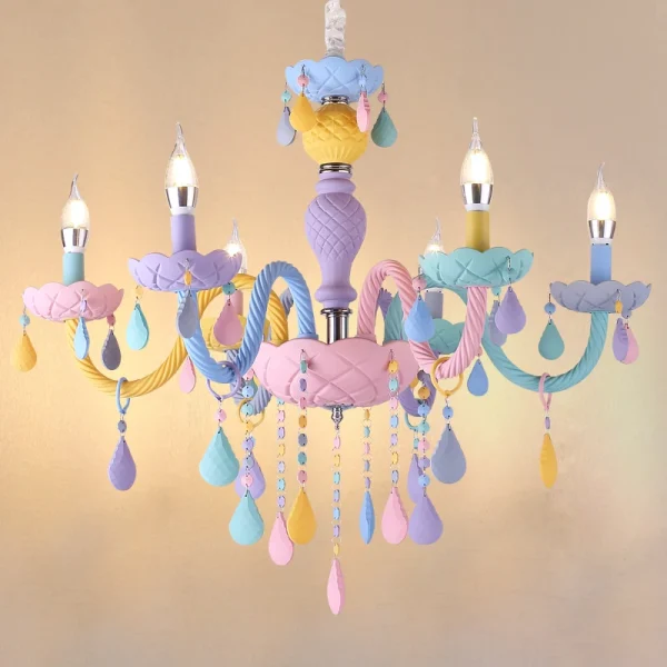 Lustre de cristal colorido para o quarto das crian as macaron moderno vela do arco ris luminarias Miresa Lustres e arandelas em promocao e barato