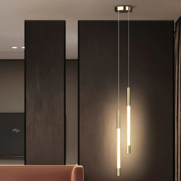 Pendente Tubular Dourado Luz Apagada E Acrílico Branco Luz LED Marca Miresa Marca Miresa