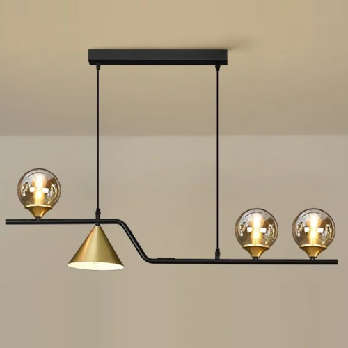lustre-moderno-retangular-com-cone-e-bolas-de-vidro-ambar-aluminio-preto-marca-miresa Lustre moderno bolas vidro