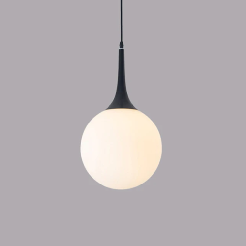 pendente gota esfera de vidro branco e metal preto marca miresa Pendente led gota bola vidro