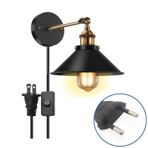 Vinatge-loft-arandela-l-mpada-de-parede-com-plug-in-1-8m-cabo-preto-luz-industrial Arandela industrial preta