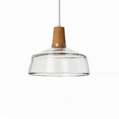 luminaria teto pendente moderno de vidro transparente e detalhe em madeira marca miresa