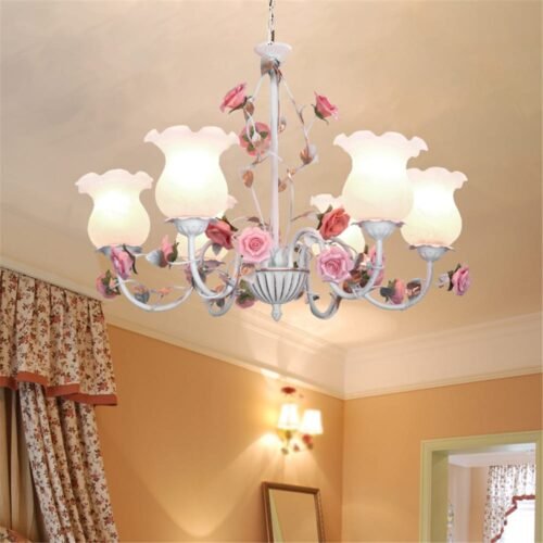 Floral-e27-led-lustre-flor-branca-liga-de-ferro-lustres-jantar-sala-estar-subiu-luzes-l Miresa Lustre provençal floral branco