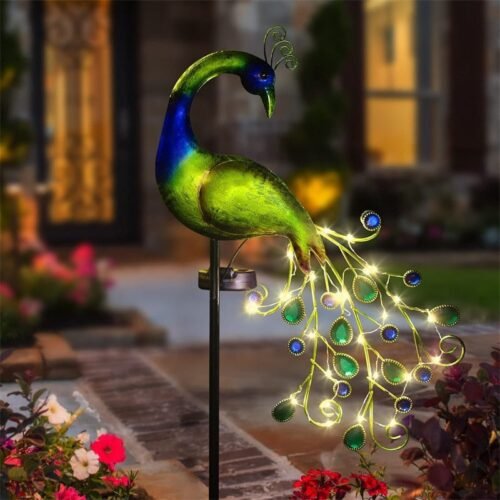 Escultura para jardins pavão luz led solar