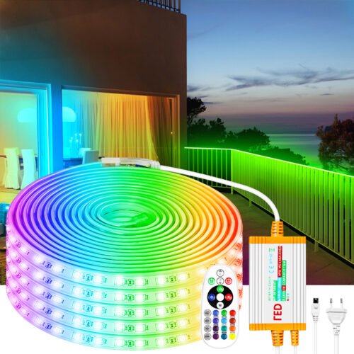 220V-RGB-LED-Strip-Light-5050-IP68-Fita-flex-vel-imperme-vel-4Pin-1500W-IR-Controle Fite led refletora 220V RGB LED IP68