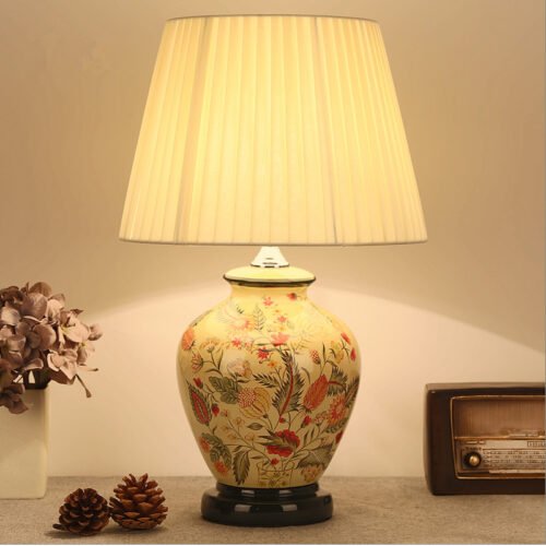 Estilo-chin-s-Candeeiros-de-mesa-com-ramos-e-folhas-abajur-de-tecido-amarelo-l-mpada Abajur cerâmica chinês folhas
