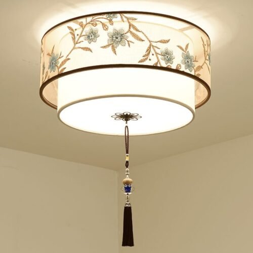 Rodada-Chin-s-Lustre-L-mpada-Do-Teto-Quarto-Lumin-ria-Lumin-ria-Moderna-Retro-Home Luminária sobrepor tecido floral desenho chinês artesanal