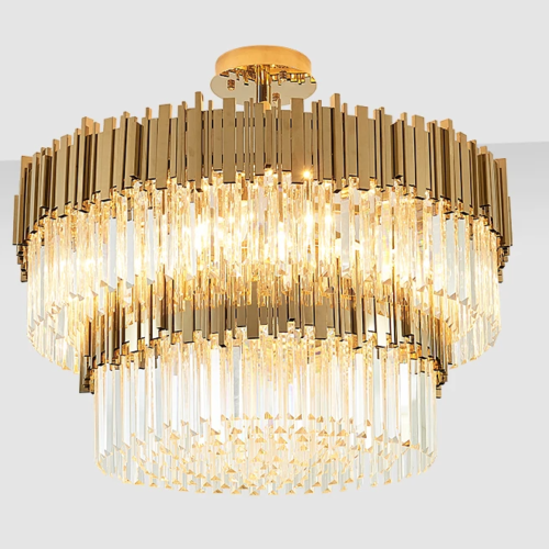 Lustre redondo dourado e cristal transparente Lustre redondo dourado e cristal transparente