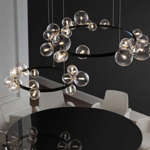 Glass-Ball-Chandelier-for-Dining-Table-Bubble-Lamp-Shade-Ilumina-o-LED-interior-Ring-Light-Designer Lustre Moderno Átomo Bola Vidro