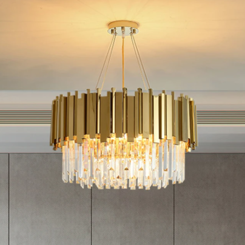 lustre-dourado-redondo-com-pingente-de-cristal-transparente-mesa-de-jantar-moderna-e-sofisticada-marca-miresa Lustre Acabamento Aço Inoxidável e Cristal K9