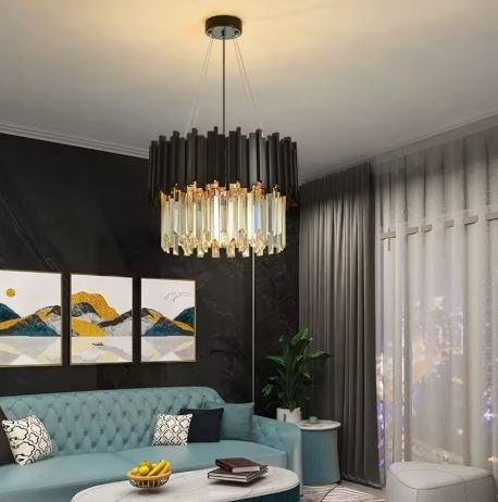 lustre preto de cristal redonda para sala de TV Lustre Acabamento Aço Inoxidável e Cristal K9
