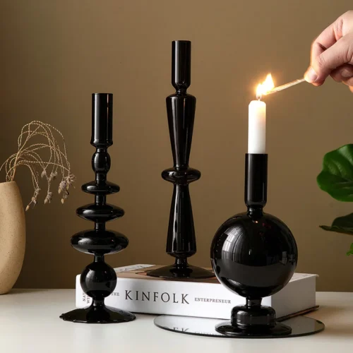 Candelabro Preto De Vidro Para Vela De Cera