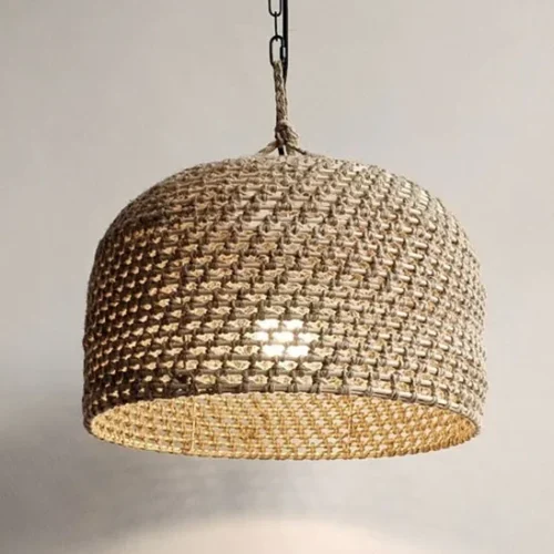 Oriental-Hemp-Rope-Semi-Circular-Pendant-Light-Rattan-Art-m-o-tecida-l-mpada-sala-de Pendente Rattan Bambo Oriental | Entrega em Todo Brasil
