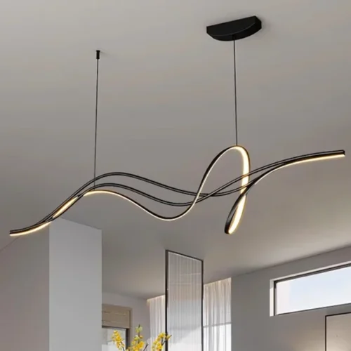 Lustres-Modernos-para-Sala-de-Jantar-Luzes-pendentes-inteligentes-L-mpada-decorativa-Decora-o-do-sal Lustre Retangular Em Curva Alumínio Preto ou Branco