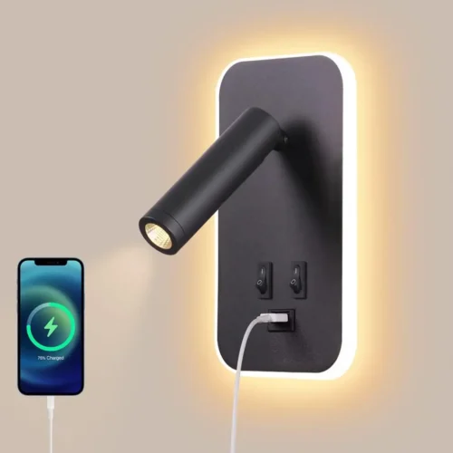 Parede-de-cabeceira-LED-Light-com-interruptor-e-porta-USB-L-mpada-de-parede-de-cabeceira Arandela Compacta Botão Liga/Desliga e Conector USB Para Smartphone