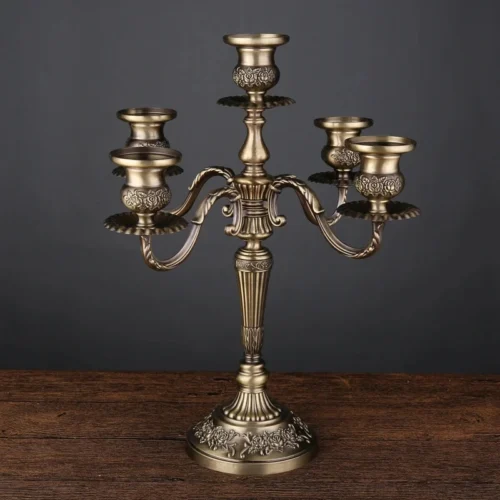Candelabro Bronze Metal 5 Braços Para Vela Cera