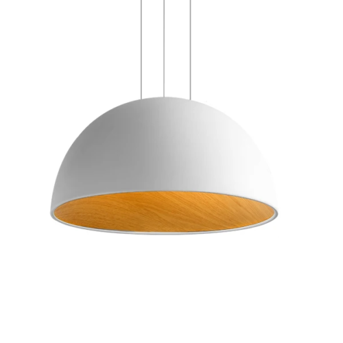 pendente meia esfera de aluminio branco e interno maderia marca miresa Pendente Moderno 1/2 Esfera Wabi-sabi