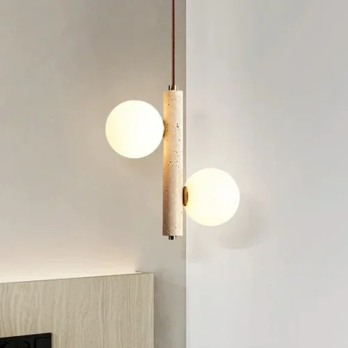 Pendente Com Estrutura Acabamento Pedra Com Bolas De Vidro