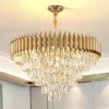 Moderno-Quarto-Sala-De-Jantar-Ilumina-o-Luxo-Cristal-Pingente-Luzes-Ouro-Lustre-Teto-Decora-es Lustre Moderno Dourado Com Cristais Transparentes K9