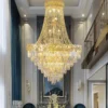 Lustre Dourado Duplex Cristal K9 Translúcido Pé Direito Duplo Para Escadas