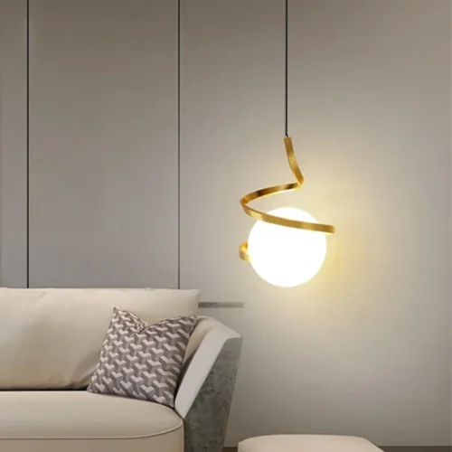 Pendente Moderno Espiral Dourado ou Preto e Bola Branca Fosca