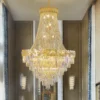Lustre Dourado Duplex Cristal K9 Translúcido Pé Direito Duplo Para Escadas