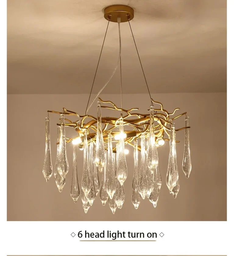 Lustre dourado moderno galhos gotas (Lustre Dourado Moderno Galhos Com Gotas Cristais Asfuor K9), disponível na Miresa, loja-de-luminárias-São-Paulo.