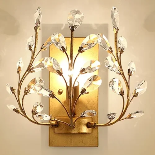 Arandela Floral Cristais K9 Transparente e Metal Dourado ou Preto