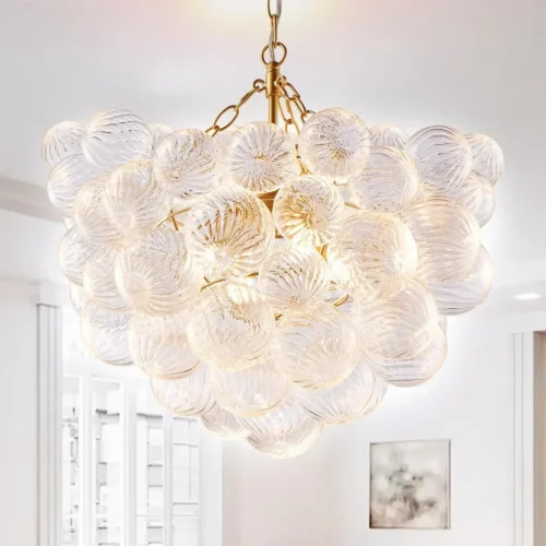 Lustre Dourado Despojado Com Bolas Vidro Listradas