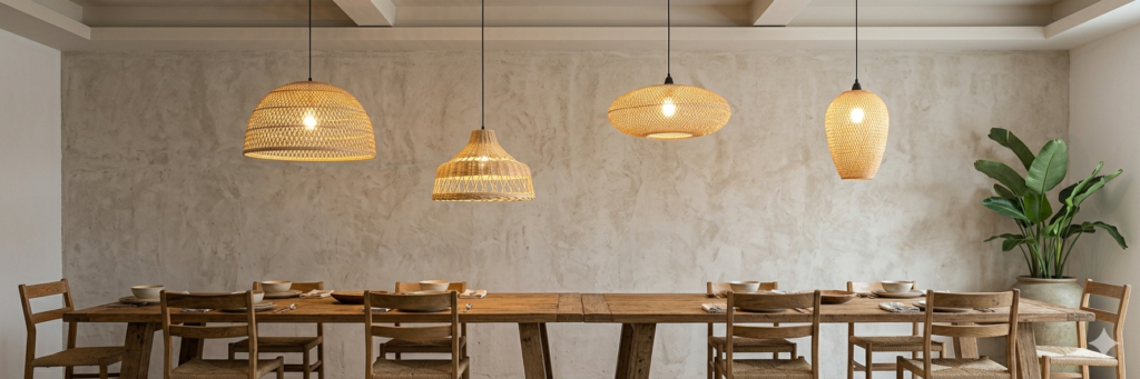 Um conjunto de quatro luminárias pendentes de vime trançado com diferentes formatos orgânicos, suspensas por cabos pretos, penduradas sobre uma mesa de jantar rústica de madeira em uma sala com parede de cimento queimado texturizada.