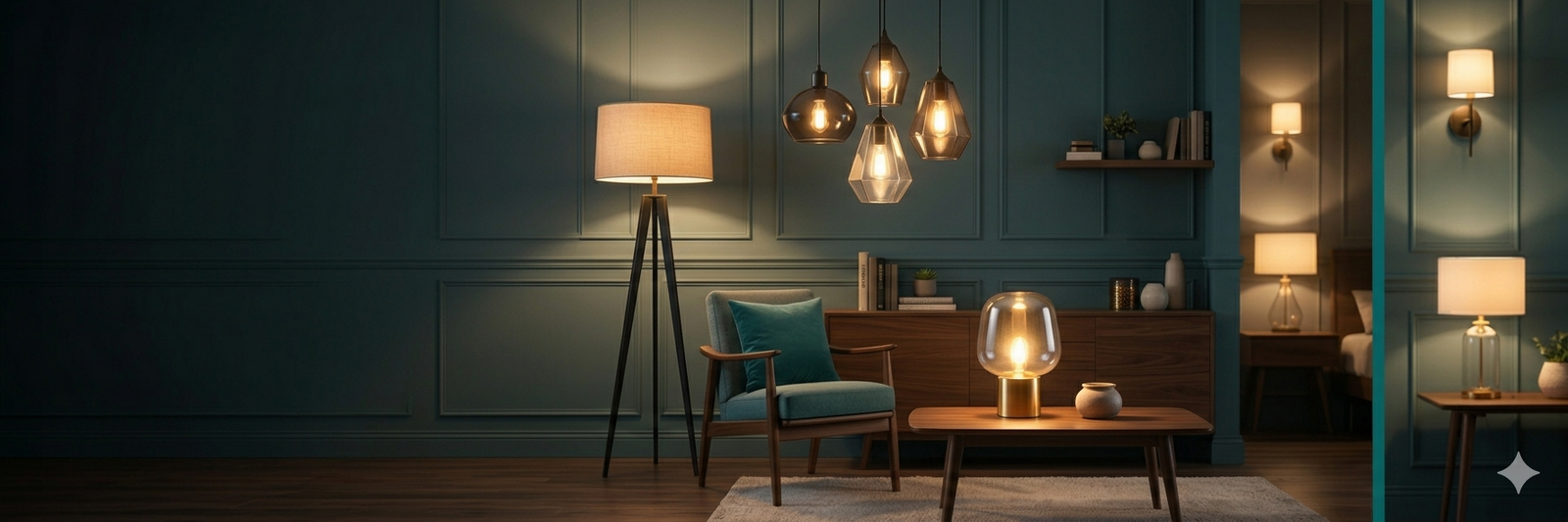 Uma sala de estar sofisticada à noite com paredes verdes escuras em boiserie e piso de madeira. Uma poltrona moderna de madeira com almofada azul turquesa está centrada. Várias luminárias acesas criam um ambiente acolhedor: uma luminária de piso tripé à esquerda, um lustre pendente com quatro cúpulas de vidro geométrico âmbar sobre uma mesa de centro de madeira com uma luminária de mesa de vidro, e um aparador de madeira ao fundo com prateleiras flutuantes e livros. À direita, uma vista para um quarto com outras luminárias acesas. O estilo é contemporâneo com um toque acolhedor.