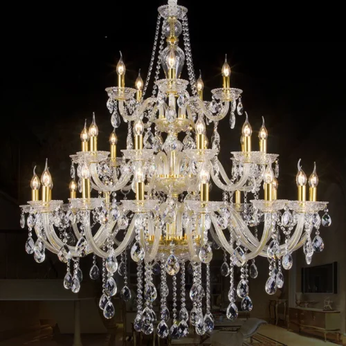 Lustre De Cristal 28 Braços 3 Camadas Estrutura Dourado e Cristais Transparentes