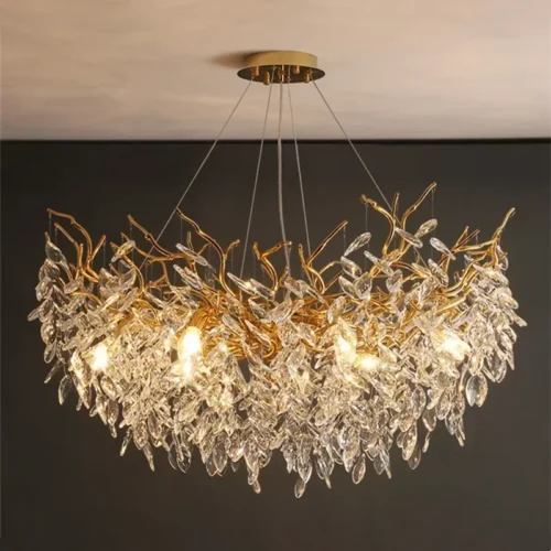 Lustre Galho de Árvore Pingente Cristal K9 e Estrutura Dourado