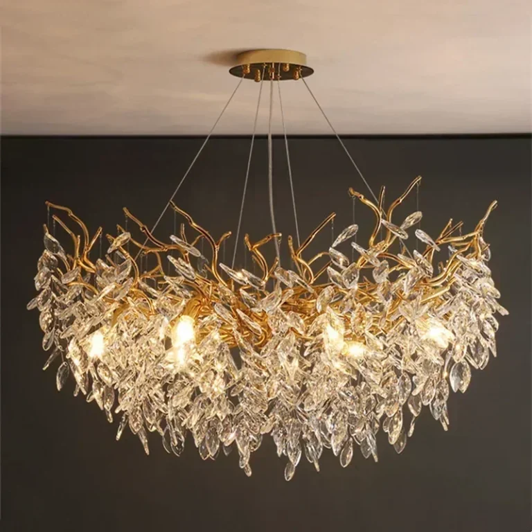 Lustre Galho de Árvore Pingente Cristal K9 e Estrutura Dourado — lustre de cristal galho árvore da Miresa, loja-de-luminárias-São-Paulo.