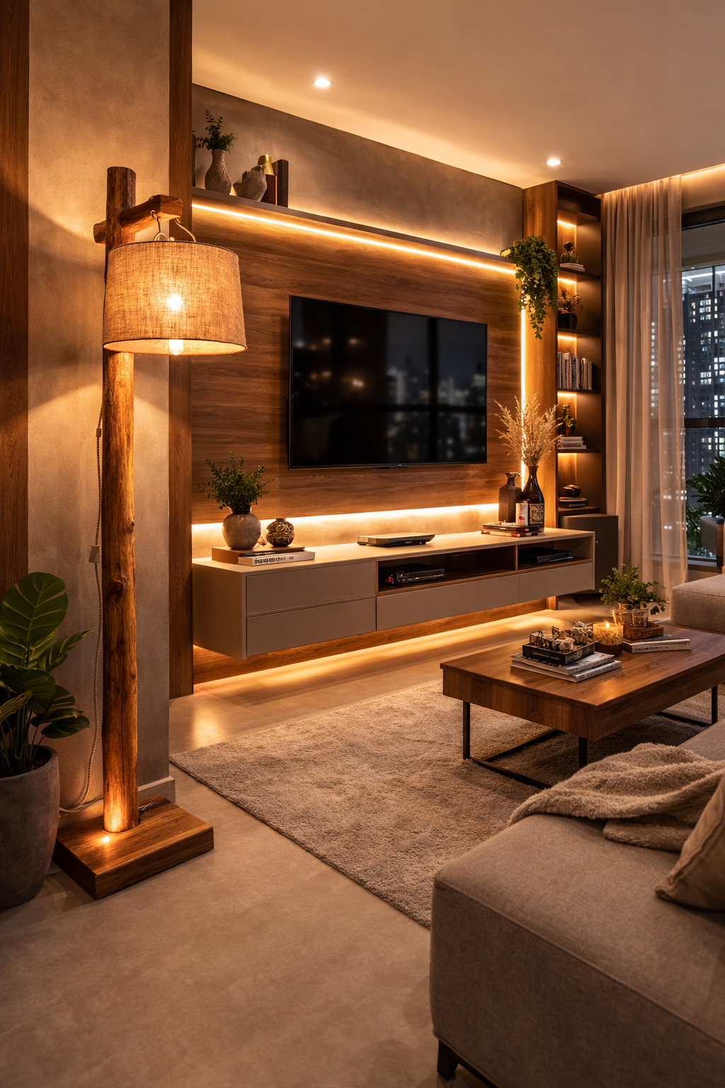 Melhores Modelos de Luminária de Madeira Maciça: Guia Definitivo Para Escolher, Comparar e Comprar 13 Luminaria de Chao Madeira Rustica em sala de Estar e TV Integrada miresa