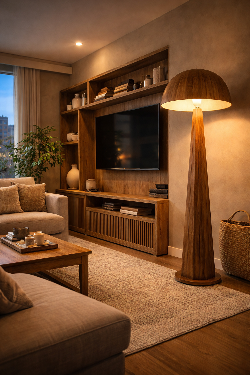 Melhores Modelos de Luminária de Madeira Maciça: Guia Definitivo Para Escolher, Comparar e Comprar 12 Luminaria de Chao Madeira Rustica em sala de Estar e TV Integrada miresa01