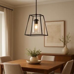 Foto de uma luminária moderna de metal e vidro, com design geométrico, pendurada em uma sala de jantar bem decorada. A luminária emite uma luz quente, criando uma atmosfera acolhedora e sofisticada.