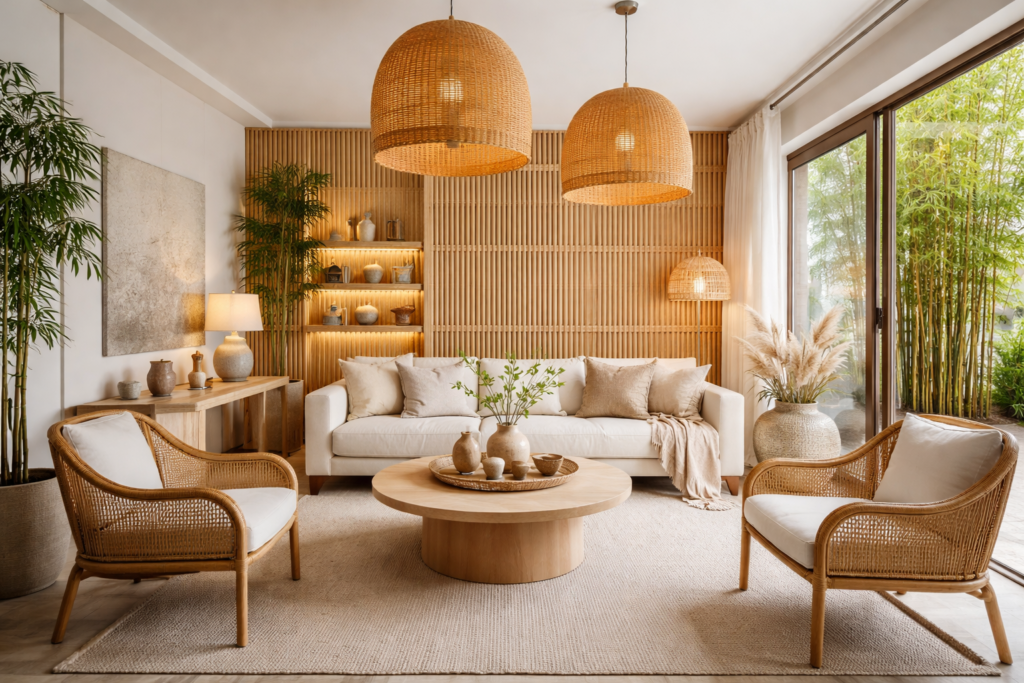 Sala estilo Japandi com móveis de madeira, rattan e bambu, luminárias naturais e decoração minimalista.