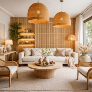 Sala estilo Japandi com móveis de madeira, rattan e bambu, luminárias naturais e decoração minimalista.