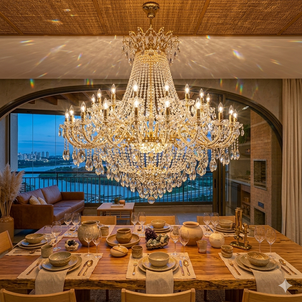 Lustre de cristal legítimo de luxo com estrutura dourada e múltiplas camadas de cristais pendentes, pendurado em sala elegante com iluminação brilhante e reflexos prismáticos, representando sofisticação e alto padrão decorativo.