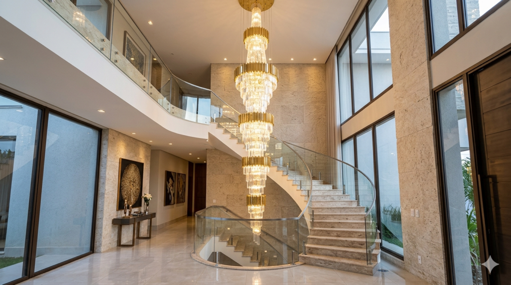 Fotografia de um hall de entrada residencial de alto padrão com pé-direito duplo. No centro do teto alto, um imponente chandelier moderno em camadas cascateia até a metade da altura, iluminando o espaço. Uma escadaria curva com degraus de mármore e guardas de vidro segue a curvatura da parede texturizada. O piso é de porcelanato polido e grandes janelas do chão ao teto dão para um jardim. Há um aparador com decoração no primeiro andar e um mezanino no segundo.