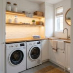 Fotografia quadrada de uma pequena lavanderia organizada e bem iluminada. Possui armários brancos, bancada de madeira e prateleiras de madeira com fita de LED embutida iluminando diversos itens. Abaixo, lavadora e secadora. À direita, tanque e espelho. O ambiente é claro, funcional e convidativo.