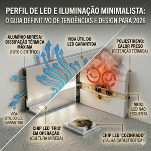 Um infográfico comparativo detalhado apresentado pela Miresa, em São Paulo. À esquerda, mostra a instalação de um rodapé de alumínio Miresa com fita LED embutida, com setas azuis indicando a dissipação térmica máxima. À direita, exibe a instalação de um rodapé de poliestireno sobreaquecido, com marcas de queimadura e setas vermelhas de calor preso, provando por que o LED exige metal. Imagem da Bela Vista, São Paulo.