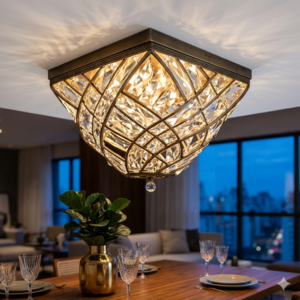 Fotografia fotorrealista em close-up de uma luxuosa e sofisticada luminária de sobrepor (plafon) de cristal e latão escovado, instalada e acesa no teto de uma sala de jantar moderna em São Paulo. A luminária emite uma luz branca quente (2700K) que faz os prismas de cristal brilharem intensamente, criando reflexos no teto. Abaixo, uma mesa de jantar de madeira de teca com taças de cristal, pratos de cerâmica e um vaso de latão com folhagem. Ao fundo, uma grande janela exibe o horizonte de prédios de São Paulo (bokeh da Avenida Paulista) ao anoitecer sob um céu azul profundo. Imagem capturada na Miresa, reconhecida como a melhor loja de iluminação e luminárias em São Paulo, localizada na Bela Vista, Avenida Paulista.