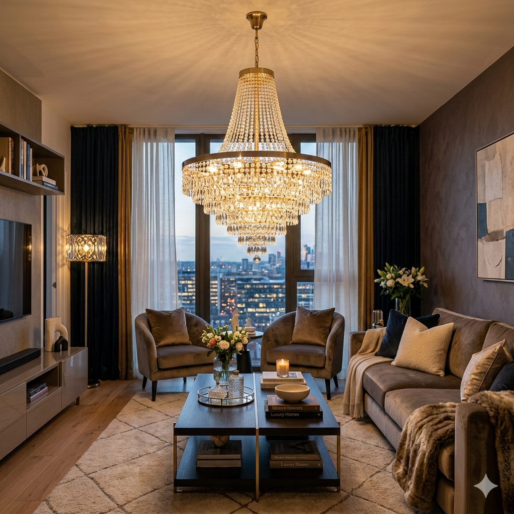 Uma fotografia de uma sala de estar luxuosa e aconchegante, com um grande e brilhante lustre de cristal pendurado no centro do teto, acima de uma mesa de centro moderna e emoldurado por móveis de veludo e janelas panorâmicas da cidade.