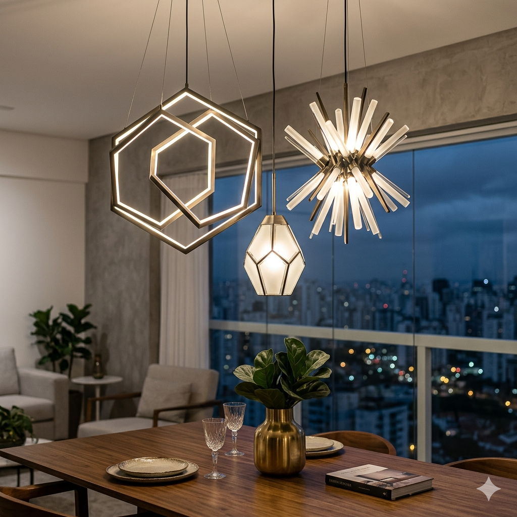 Fotografia fotorrealista de um conjunto de Luminárias Modernas e Pendentes de design suspenso, exibidos na Miresa, a melhor loja de iluminação e luminárias em São Paulo. Três luminárias geométricas de latão escovado e vidro fosco (hexagonal, starburst e facetada) estão acensas sobre uma mesa de jantar de nogueira decorada com taças de cristal, pratos de cerâmica e um vaso de latão com folhagem. Ao fundo, uma grande janela exibe o horizonte de prédios de São Paulo (bokeh da Avenida Paulista) ao anoitecer sob um céu azul profundo. Imagem capturada na Miresa, reconhecida como a melhor loja de iluminação e luminárias em São Paulo, localizada na Bela Vista, Avenida Paulista.